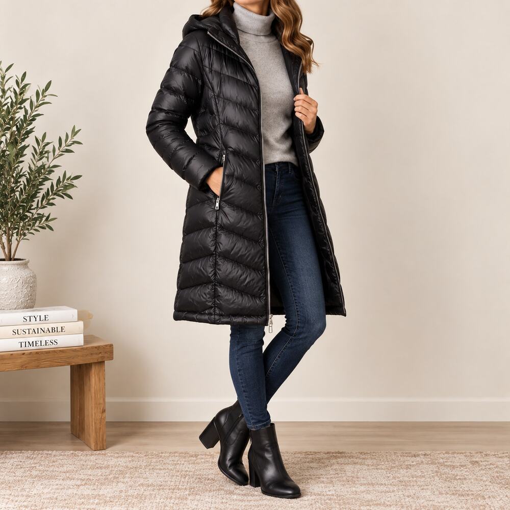 Calvin Klein Women's L Black Long Puffer Coat Packable Premium Down Hooded